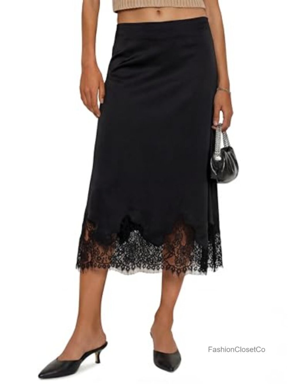 Silk Satin Midi Skirt Lace Hem A-Line Elegant Casual Dressy